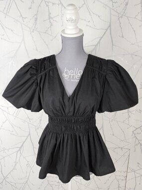 Moon River Black Smocked Peplum V-Neck Puff Sleeve Top